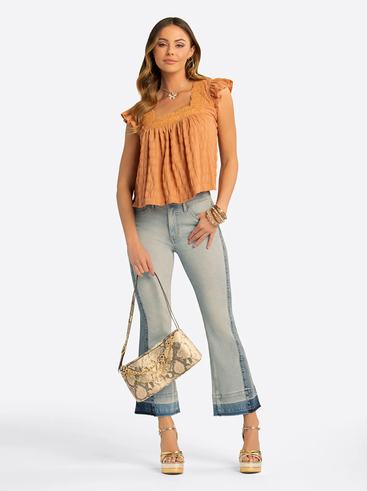 JS Jessica Simpson Dani Lace Trimmed Blouse in Camel - Image 4