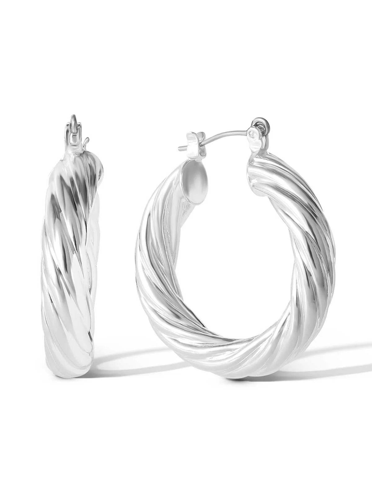 Thick Twisted Hoop Earrings in Silver - Image 2