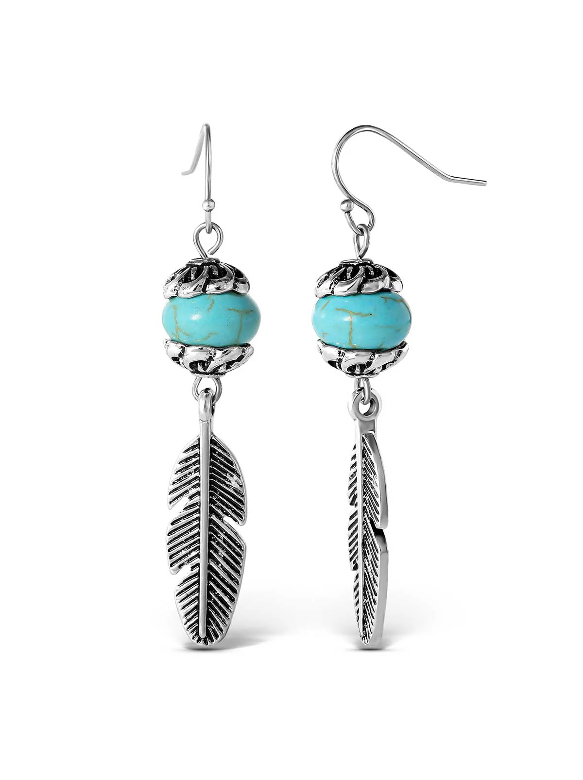 Turquoise Bead Feather Drop Earrings in Silver - Image 2